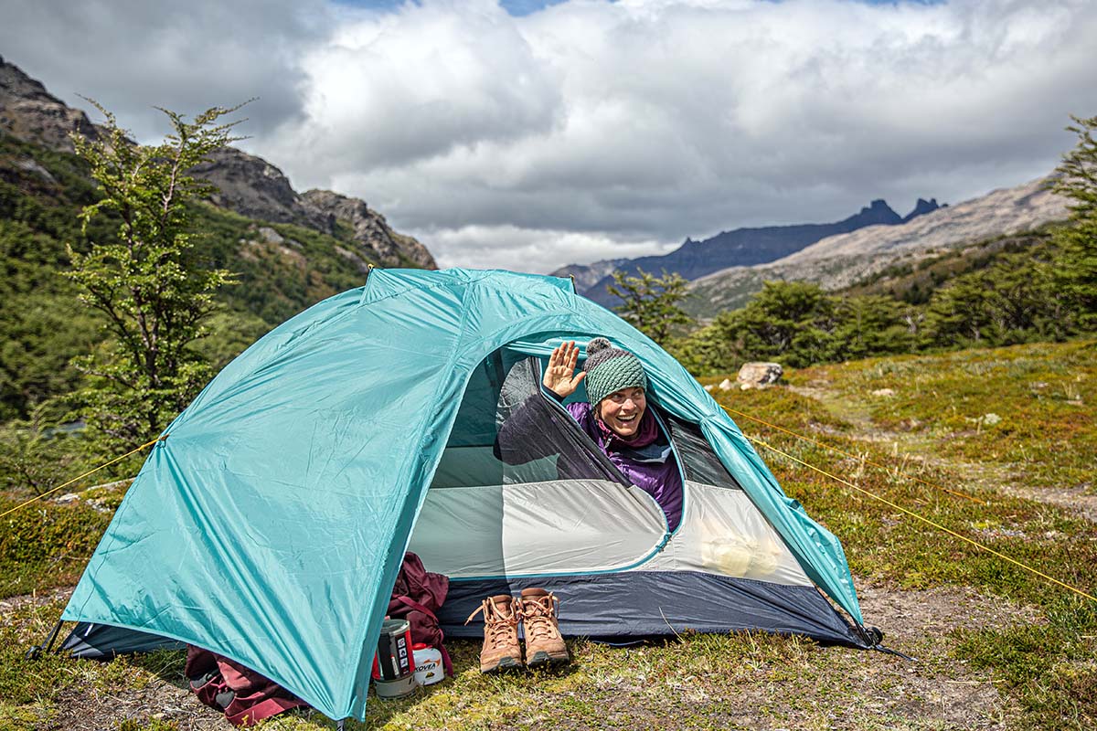 REI Co-op Trailmade 2 backpacking tent (waving)